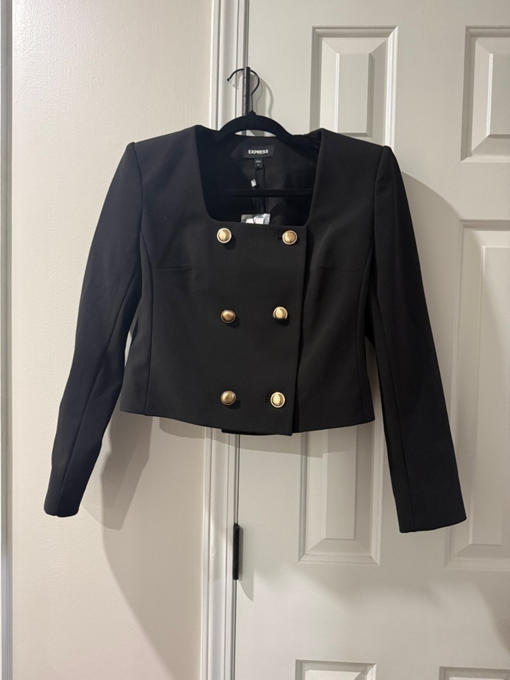 Express Black Cropped Double-Breasted Blazer with Gold Buttons